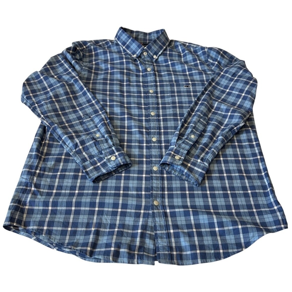 Vineyard Vines Slim Fit Tucker Shirt Cotton Blend Blue Plaid Long Sleeve Large